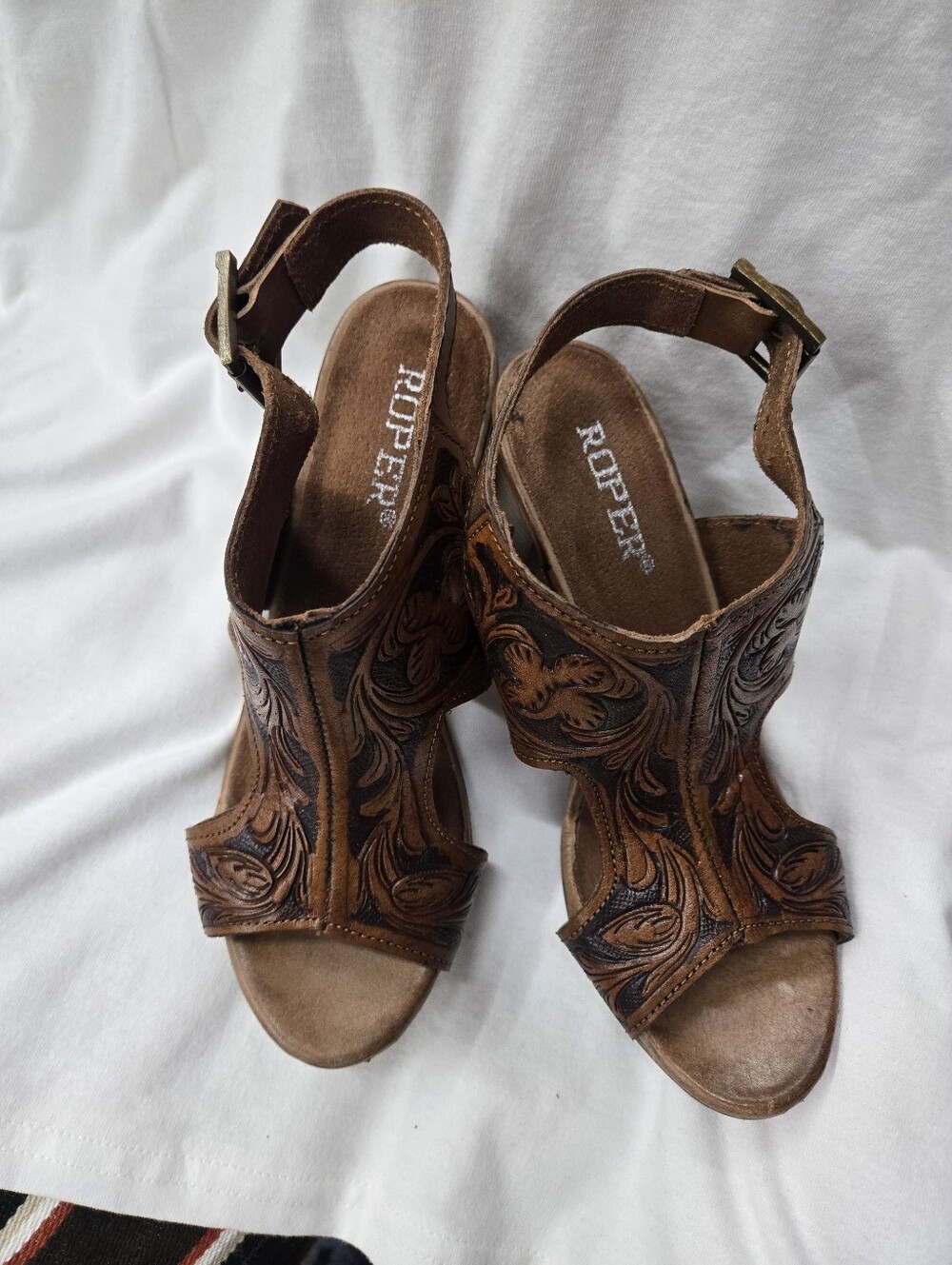 Roper Brown Tooled Leather Open-Toe Block Heel Sandal - Picture 6 of 11
